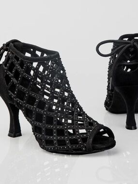 Black Open-Toe Lattice High-Heel Dance Booties